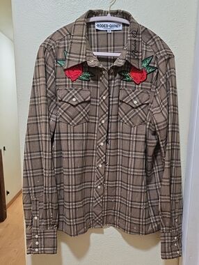 Rodeo Quincy Women's Brown Plaid Button-up Shirt with Rose Embroidery